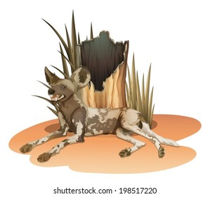 Illustration of a wild dog near the stump on a white background