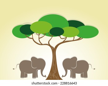 Illustration of Wild Elephants And Tree