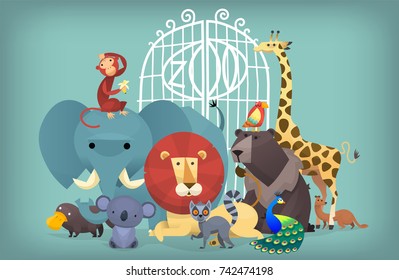 Illustration of wild exotic animals standing near the zoo gates. Portrait of group of animals