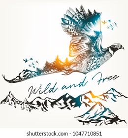 Illustration with wild forest bird and mountains, art background