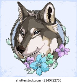 Illustration of Wild grey Wolf head with blue eyes fixing his target in a colorful floral wreath  