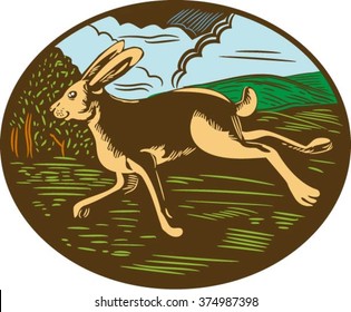 Illustration of a wild hare bunny rabbit running viewed from side with farm trees and mountains in background set inside oval shape done in retro woodcut style. 