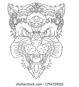 An illustration of a wild monster head with multiple sets of eyes and mouths.