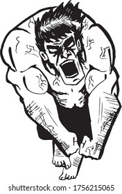 illustration of wild muscle cave man attacks