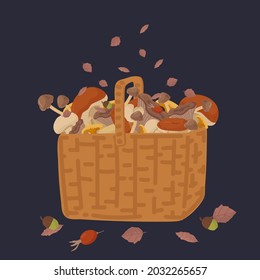 An illustration with wild mushrooms in a large basket. Autumn poster with ingredients for cooking. Organic natural edible mushrooms for postcards. Vector illustration