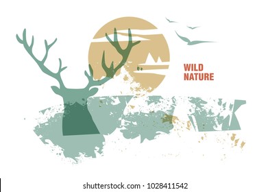 Illustration of wild nature. Design for travel blog, travel agencies. Silhouette deer Head in the sun.