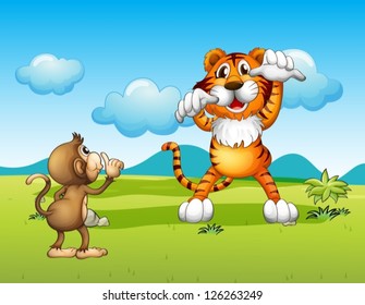 Illustration of a wild tiger and a cute monkey