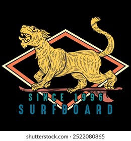 Illustration of a wild tiger living the surfing life in a fun way with travel colors, texts from different beaches with numbers in gradients, shields, patches and symbols of the beach or vacation life