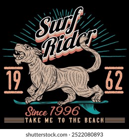Illustration of a wild tiger living the surfing life in a fun way with travel colors, texts from different beaches with numbers in gradients, shields, patches and symbols of the beach or vacation life