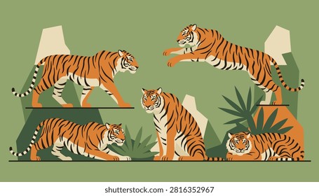 Illustration of wild tigers in various poses including walking, jumping, sitting, and resting in a jungle landscape.