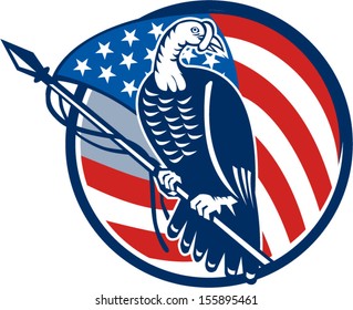 Illustration of a wild turkey perching on American stars and stripes flag set inside circle done in retro style on isolated white background.