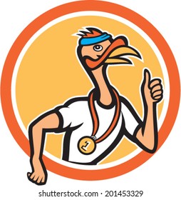 Illustration of a wild turkey runner running thumbs up with medal set inside circle done in cartoon style on isolated background.
