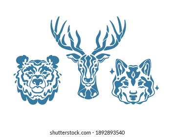 Illustration wild vector silhouette.isolated deer bear wolf. hand drawn print for t-shirt.grizzly style tattoo predator.Symbol head of animal.