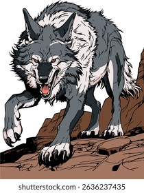 Illustration of a wild wolf in the desert, wolf in a desert landscape with rocks and colors.
