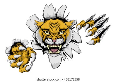 An illustration of a wildcat animal sports mascot cartoon character sprinting clawing through background