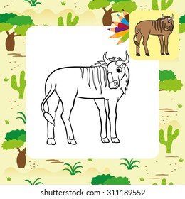 Illustration of a wildebeest. Coloring page.