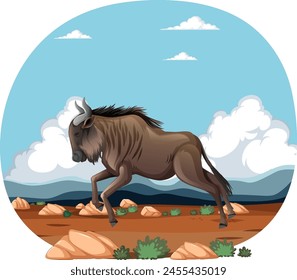 Illustration of a wildebeest galloping across a landscape.