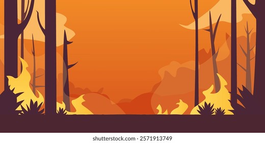 illustration of a wildfire raging through a forest, depicting a natural disaster scene