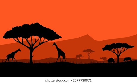 Illustration of wildlife in the african savanna landscape. Vector illustration of safari scenery in the savanna desert with animal. Landscape of savannah with giraffe, elephant, rhino and african tree