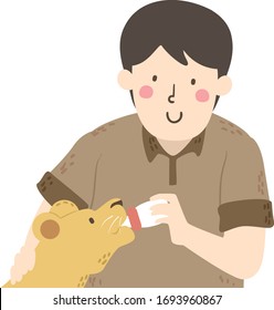 Illustration of a Wildlife Caretaker Man Feeding a Lion Cub Using a Milk Bottle