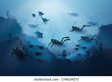 Illustration of wildlife under sea and world ocean day, paper cut style.