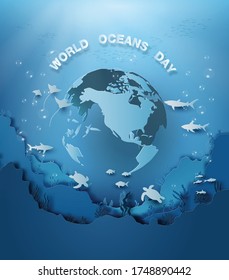 Illustration of wildlife under sea and world ocean day, paper cut style.