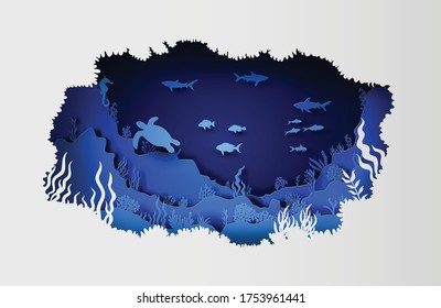 Illustration of wildlife under sea and world ocean day, paper cut style.