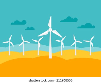 Illustration of wind energy power plant in flat style.