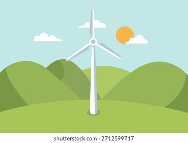 Ilustração de um gerador de vento contra um fundo de colinas verdes com céu azul e sol