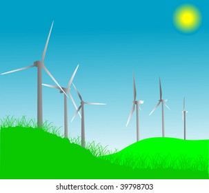 illustration with wind generators under bright sun