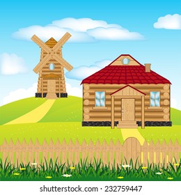 Illustration of the wind mill on green hill
