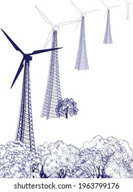 illustration with wind power generator silhouettes isolated on white background