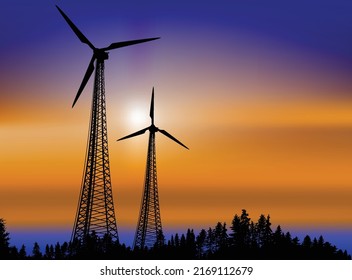 illustration with wind power generator silhouettes in forest landscape