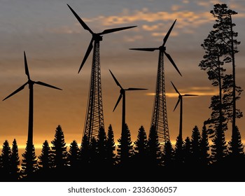illustration with wind power generator silhouettes in forest landscape