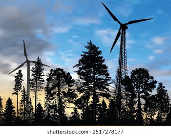 illustration with wind power generator silhouettes in forest landscape