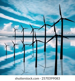 illustration with wind power generator silhouettes with reflections on blue sky background