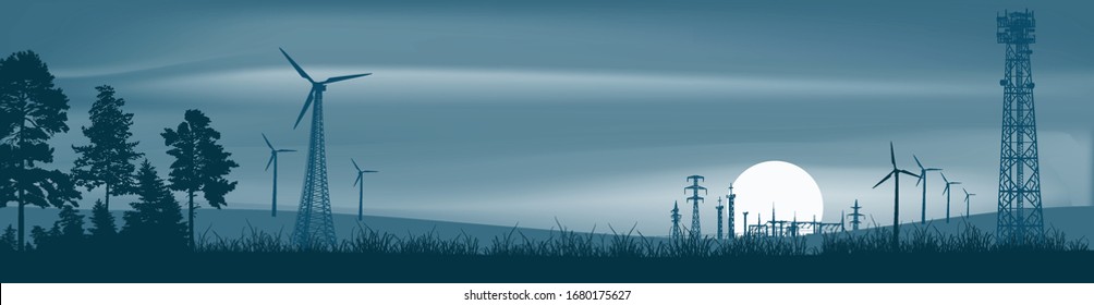 illustration with wind power generators and electric line silhouettes in forest on dark background