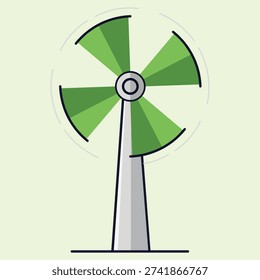 An illustration of a wind turbine with a gray base and a green fan on a pale green background, likely used for educational or decorative purposes