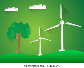 Illustration of wind turbines with clouds,and green trees on green background