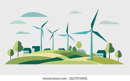 Illustration of wind turbines integrated into a rural  landscape. Powerful windmill. Eco illustration in a flat style 