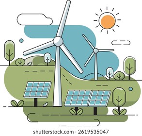 An illustration of wind turbines and solar panels in green landscape under sunny sky