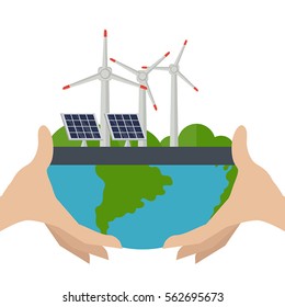 Illustration of a wind turbines and solar panels. Concept of alternative and renewable energy sources.