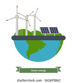 Illustration of a wind turbines and solar panels. Concept of alternative and renewable energy sources.