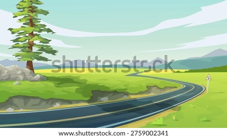 Illustration of a winding asphalt road running through a green countryside landscape with trees and cloud sky