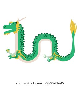 illustration of a winding, floating, sideways dragon.