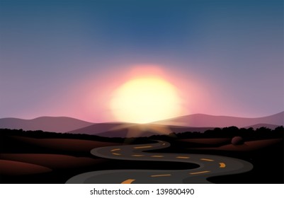 Illustration of a winding road and the sunset