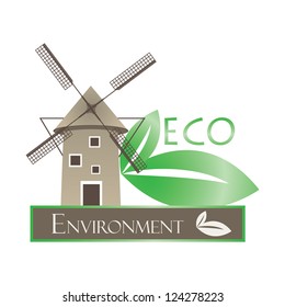 Illustration of windmill and eco leaves on white background