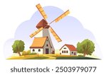 Illustration of a windmill and farmhouse on a sunny day, trees in the background, country life concept. Vector illustration