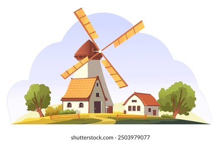 Illustration of a windmill and farmhouse on a sunny day, trees in the background, country life concept. Vector illustration