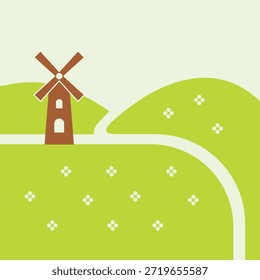 It is an illustration with a windmill and a garden.